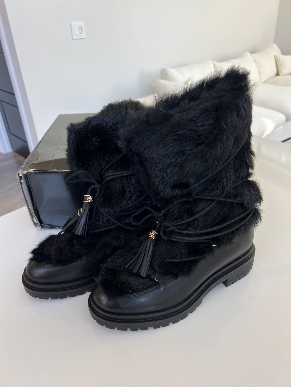 Lauren by Ralph Lauren black celia black shearling fur lace up leather boots 8